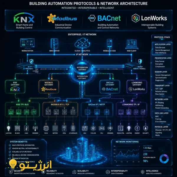 نمودار پروتکل‌های ارتباطی سیستم BMS شامل KNX، Modbus، BACnet و LonWorks